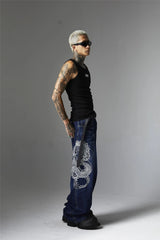 mens black baggy jeans dragon embroidered straight jeans streetwear hip hop loose trousers male luxury designer denim pants unique jeans style 1991