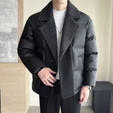 Men Winter Faux Fur Collar Splice Leather Business Casual Cotton-padded Jacket Streetwear Fashion Loose Leather Parka Coat