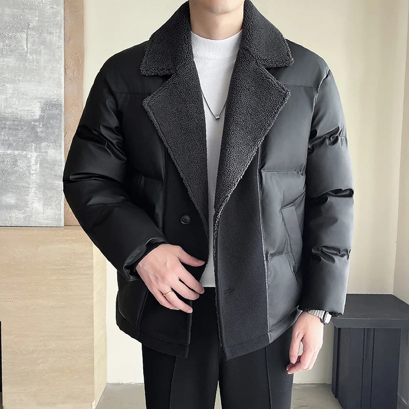 Men Winter Faux Fur Collar Splice Leather Business Casual Cotton-padded Jacket Streetwear Fashion Loose Leather Parka Coat