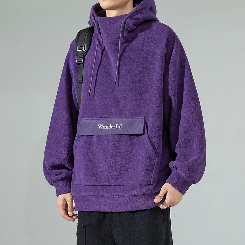 Autumn Polar Fleece Half Turtleneck Hoodies For Men Y2K Vintage Windproof Hooded Sweatshirts Casual Streetwear Pullover