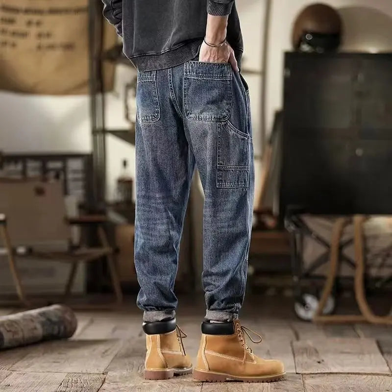 mens loose jeans classic vintage denim trousers high quality cargo pants men high street fashion men clothing spring new 2024 multi-pocket cargos