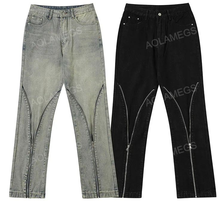 streetwear mens zipper jeans solid color patchwork straight jeans summer casual hip hop denim pants high street loose trousers unique jeans style 3500