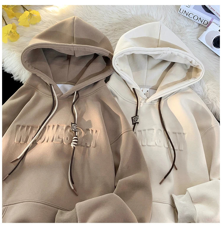 Embossed Letters Casual Hooded Sweatshirt Basic Colours Drawstring Cla