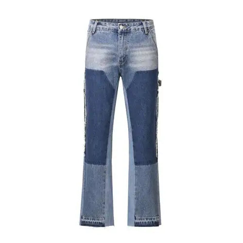 patchwork design denim flare jeans pants men casual zipper straight biker trousers jeans fashion streetwear hip hop jean joggers unique joggers style 2588