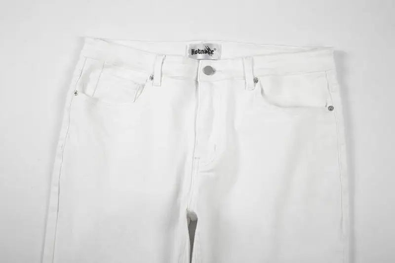 high street white knee pleated vertical stripe elastic fit skinny jeans male casual small leg jeans pants slim mens clothing unique jeans style 3675