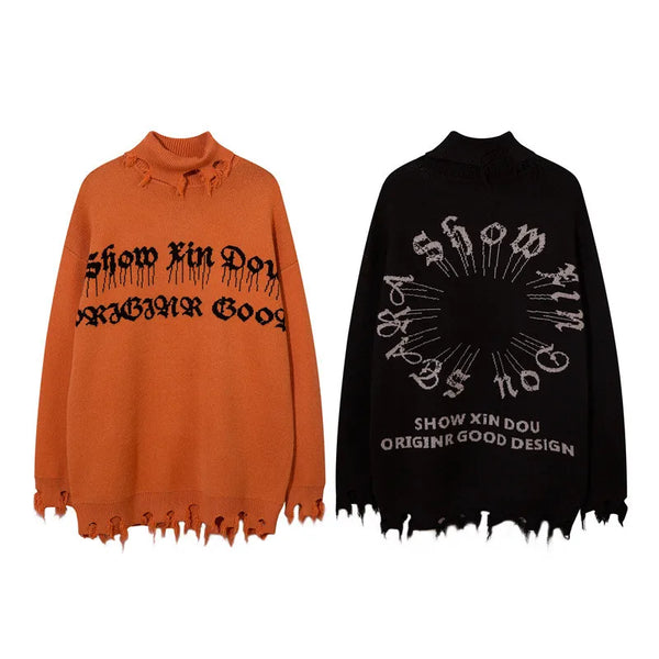 half high collar goth women men sweaters oversized long sleeve knitted pullovers y2k men ripped sweater harajuku streetwear tops - urban fashion pullover, Y2K grunge street style, 2025 streetwear drop