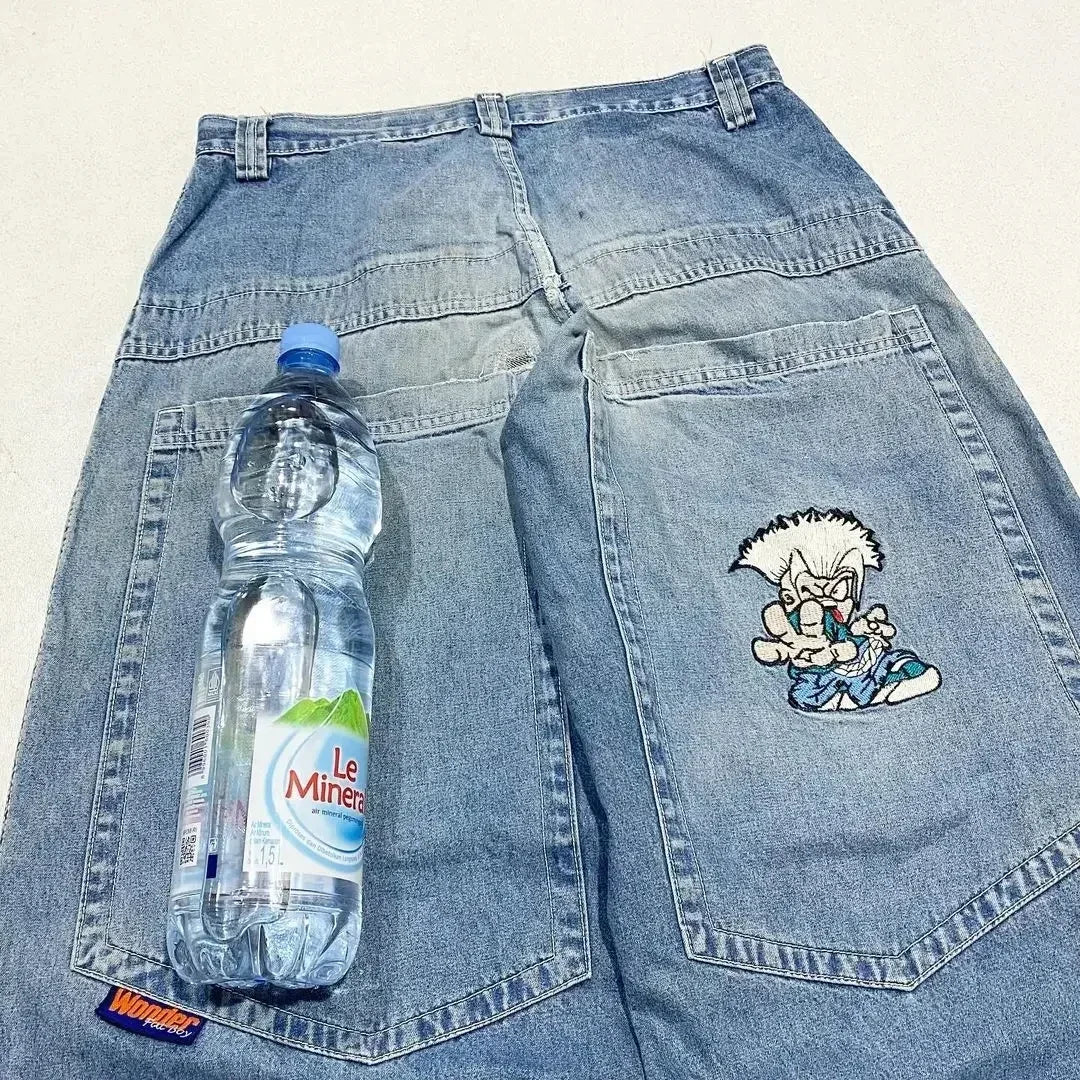 american y2k new fashion pattern embroidered spot straight jeans men street hip hop retro loose wide leg pants couple punk jeans unique jeans style 2917