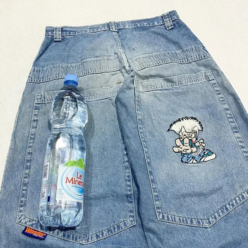 american y2k new fashion pattern embroidered spot straight jeans men street hip hop retro loose wide leg pants couple punk jeans unique jeans style 2917