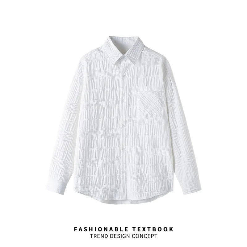 Wrinkled Fabric Casual Long Sleeve Shirt Men and Women Solid Color Streetwear Fashion Loose Black White Shirts Oversize Blouses