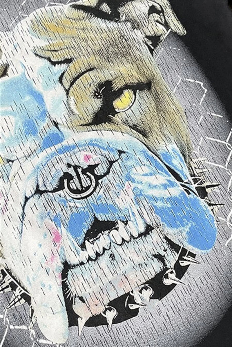 24SS HS Brand Fashion Beware Of Dog Tee High-Street Retro Washed Print Cotton Short Sleeve Tops T-Shirt