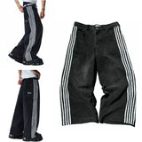gothic embroidered wide leg denim pants high street streetwear harajuku retro hip hop mens jeans y2k black striped baggy jeans unique jeans style 2598