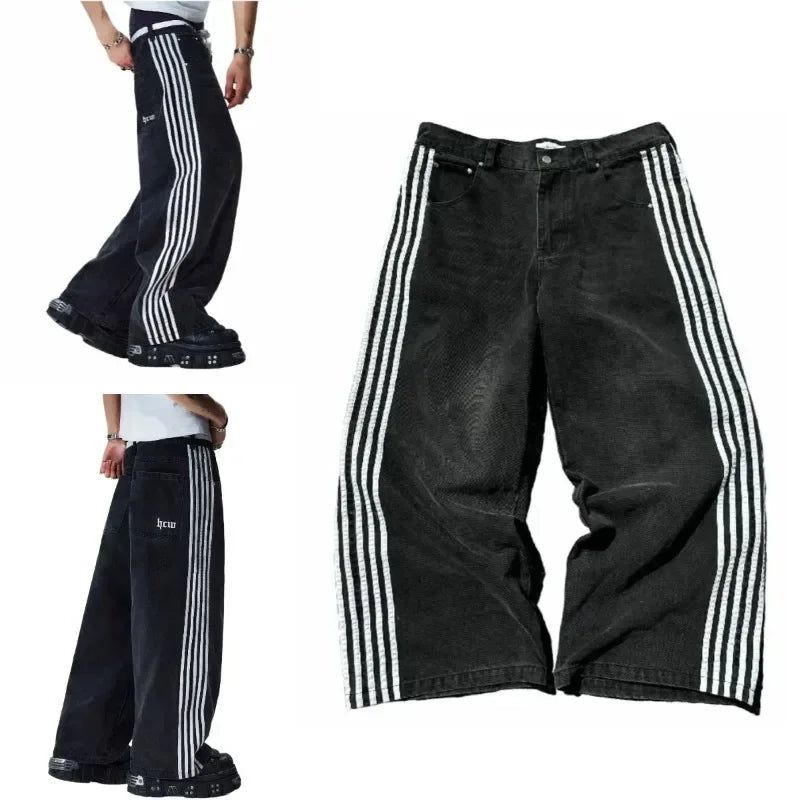 gothic embroidered wide leg denim pants high street streetwear harajuku retro hip hop mens jeans y2k black striped baggy jeans unique jeans style 2598