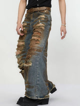 2 pieces sets mens dirty graffiti wide shouder denim jeans jacket coat and ripped holes wide legs pants joggers streetwear sets urban active pants