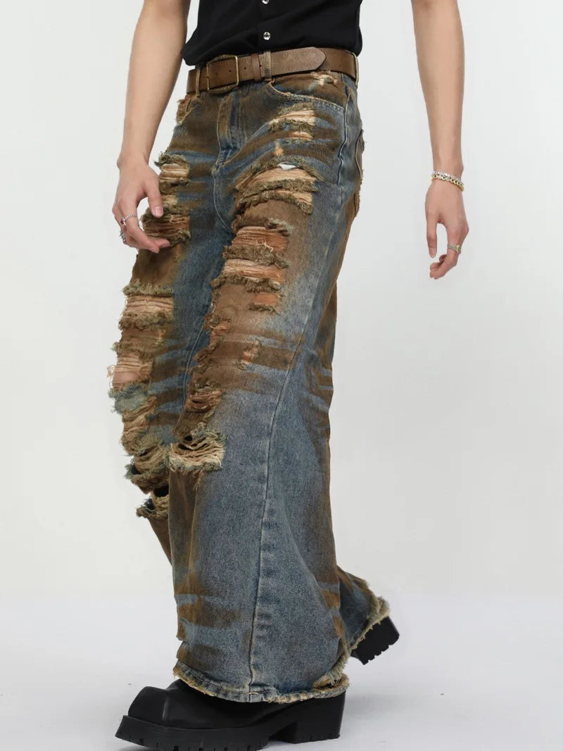 2 pieces sets mens dirty graffiti wide shouder denim jeans jacket coat and ripped holes wide legs pants joggers streetwear sets urban active pants