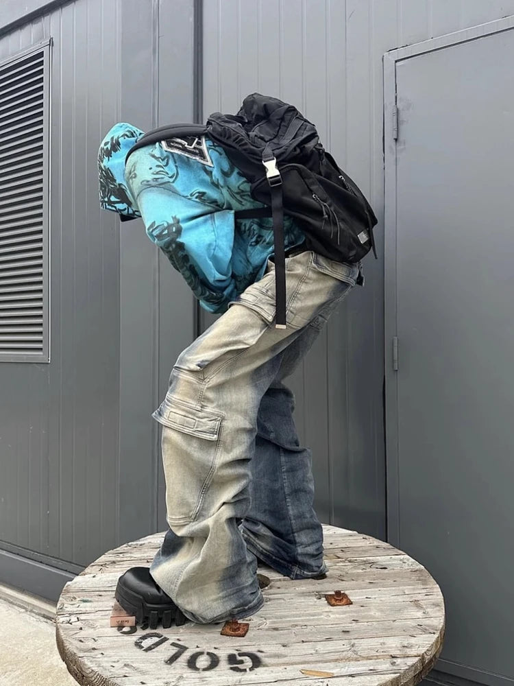fashion denim baggy cargo jean pants men hip hop elastic waist wide legs retro washed jeans side pocket streetwear jeans joggers unique joggers style 4492