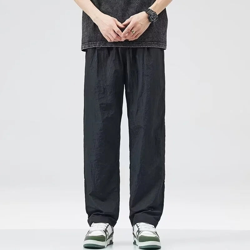 2024 new linen straight baggy pants for men summer breathable wide leg trousers y2k streetwear drawstring gym pantalones hombre relaxed fit trousers
