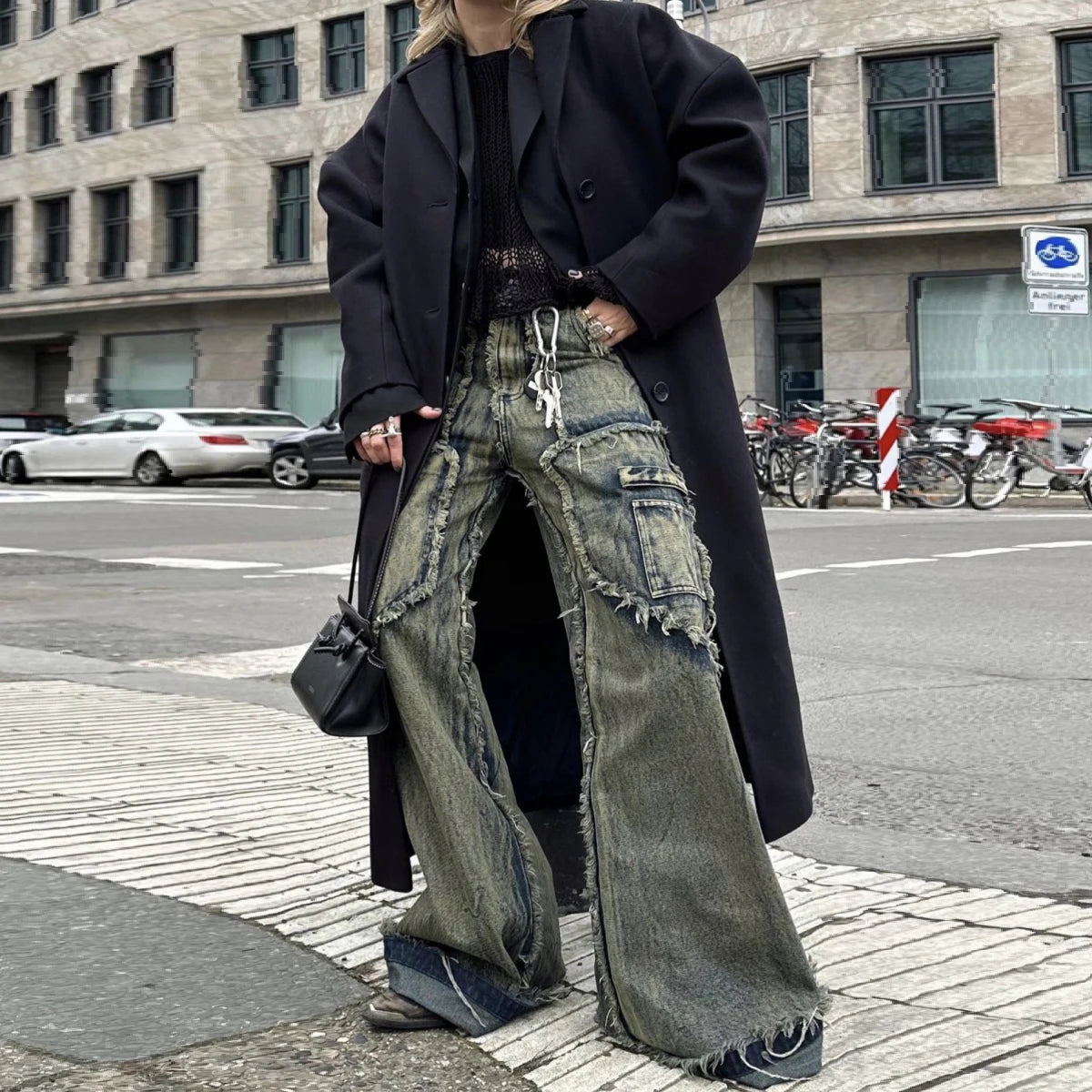 streetwear heavy craft washed distressed faded jeans flare slim straight tassel jeans for men and women raw edge denim pants urban skinny jeans