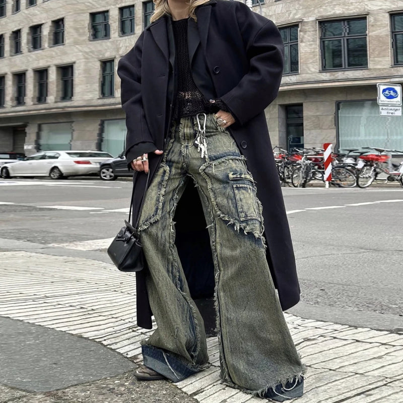 streetwear heavy craft washed distressed faded jeans flare slim straight tassel jeans for men and women raw edge denim pants urban skinny jeans