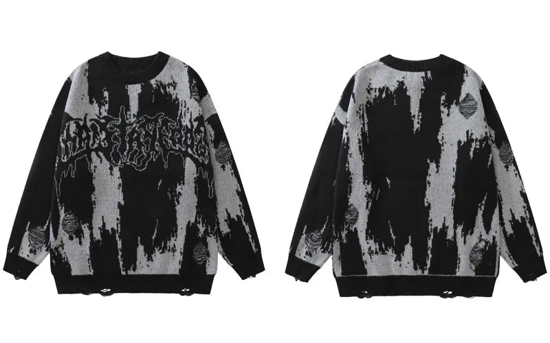 grunge knit sweater with heavyweight fabric, layered urban look for cold weather, street fashion menswear trend for seasonal 