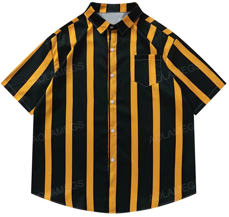 Men Hawaiian Shirt Contrast Vertical Stripes Simple Short Sleeve Blouse Casual Fashion Streetwear Summer Harajuku Beach Tops