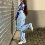 Spring Aesthetic Vintage Blue Tie Dye Elastic Slim Sexy Crop Tops Long Sleeve Hollow V-neck Woman Tshirts Streetwear Hot Girl