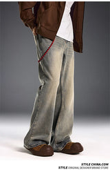 red chain pendant washed vintage jeans men women streetwear fashion hip hop loose casual wide leg denim jeans pants trousers unique jeans style 1479