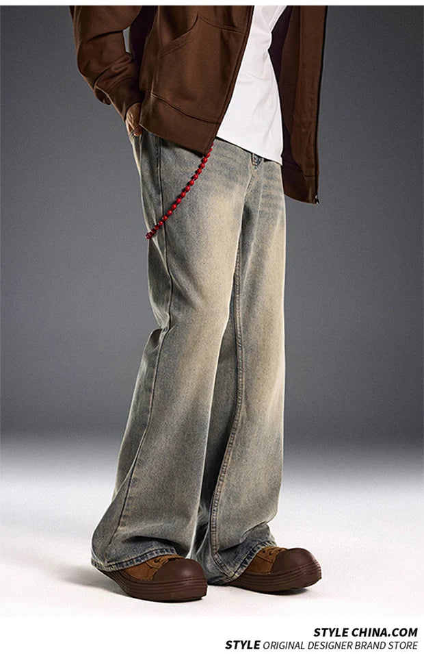 red chain pendant washed vintage jeans men women streetwear fashion hip hop loose casual wide leg denim jeans pants trousers unique jeans style 1479