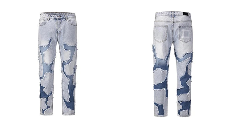 ripped irregular patchwork design denim jeans men casual zipper biker trousers jeans fashion streetwear hip hop pants joggers unique joggers style 3634