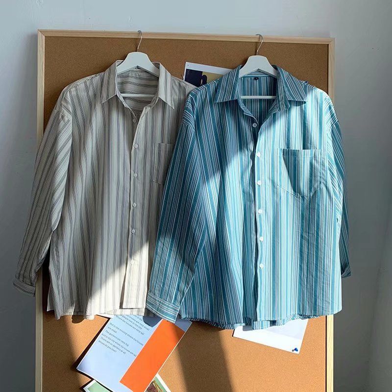 2023 Summer New Fashion Striped Shirt Men's Long-sleeved Korean Version Loose Shirt Versatile Casual Jacket Boutique Clothing
