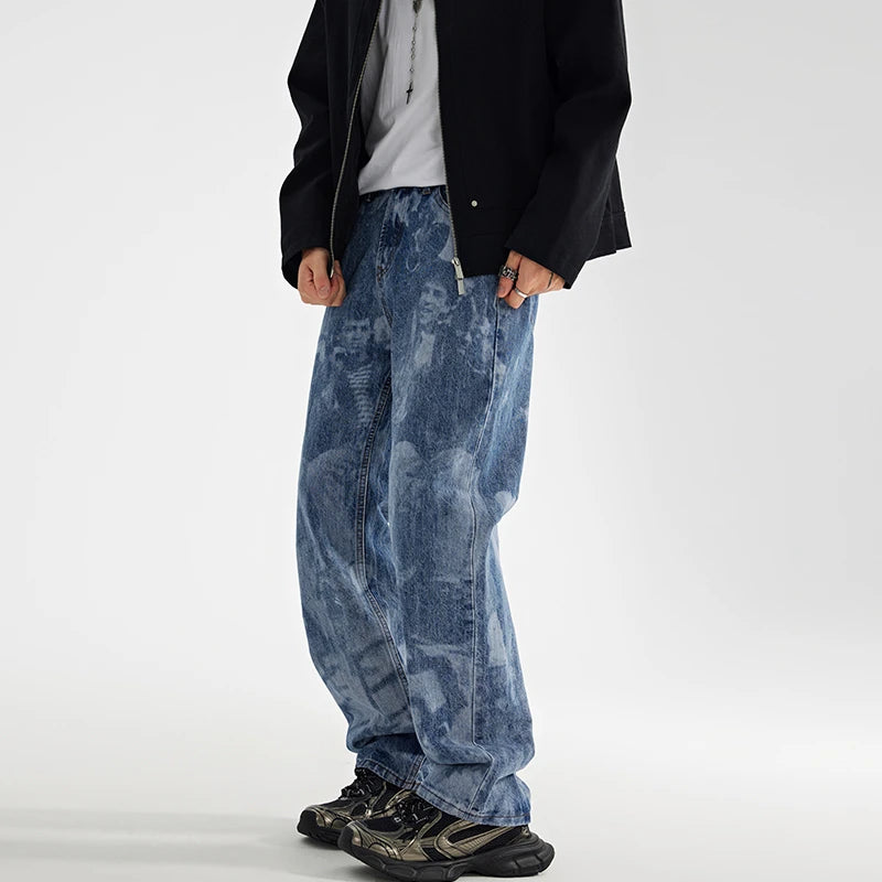 designer human printed denim jeans mens new casual zipper straight hip hop jeans streetwear baggy pants joggers graphic jeans streetwear sweatpants