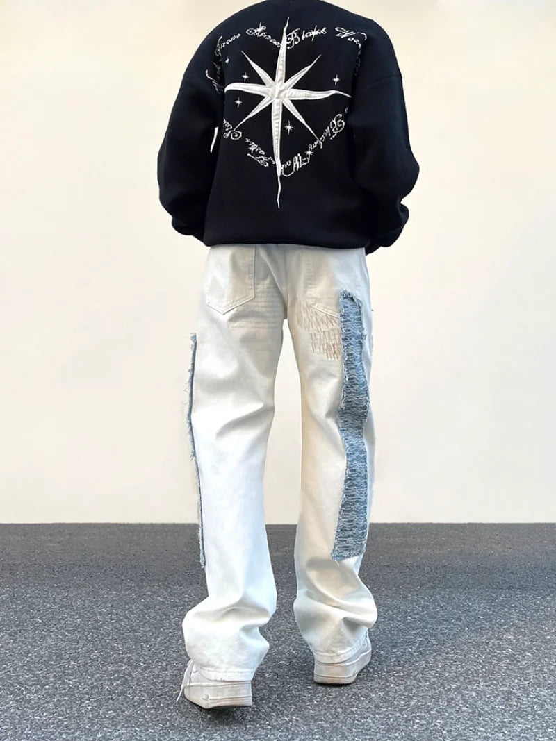 irregular sewing scratched patchwork denim jeans men casual straight biker zipper trousers streetwear hip hop jean pants joggers relaxed fit joggers