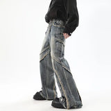 high street jeans mens spring autumn rough edge splicing design trendy denim pants multiple pockets punk cowboy flared trousers unique jeans style 422