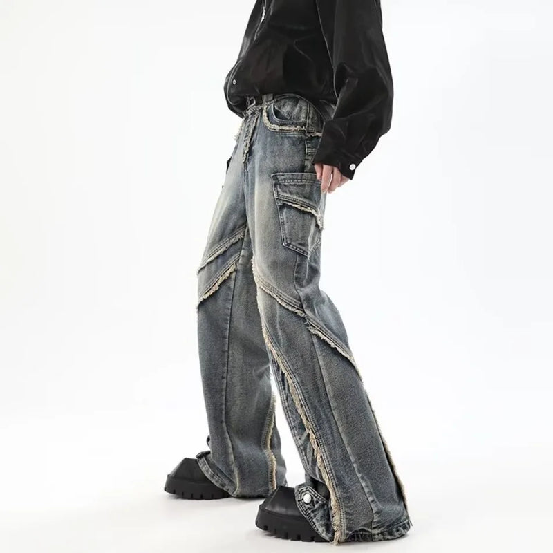high street jeans mens spring autumn rough edge splicing design trendy denim pants multiple pockets punk cowboy flared trousers unique jeans style 422
