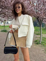 Women Bomber Jacket White Autumn And Winter Button Baseball Bomber Sho
