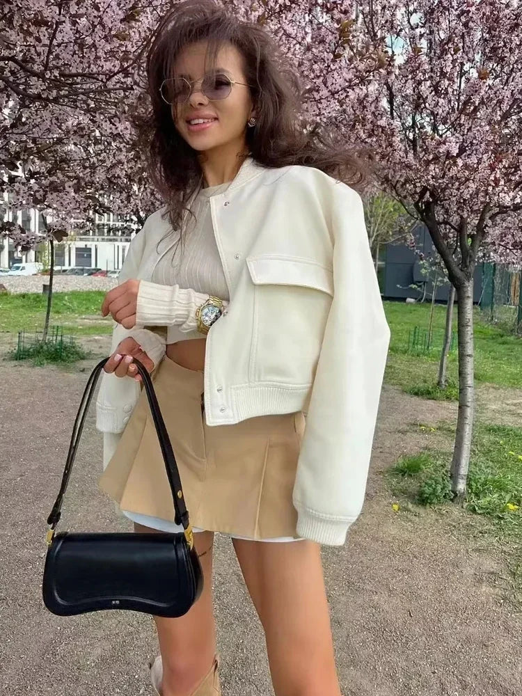 Women Bomber Jacket White Autumn And Winter Button Baseball Bomber Sho