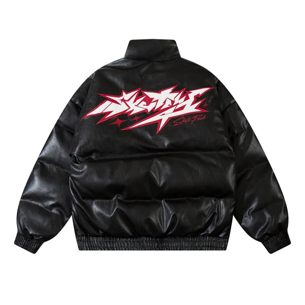 Men Waterproof Warm Jacket Winter Vintage PU Leather Parkas Embroidery Letter Thick Padded Coat Streetwear Hip Hop Loose Parka