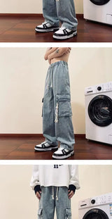 american retro and personalized straight leg jeans for men and women with hiphop big pocket design work pants loose casual pants unique jeans style 763