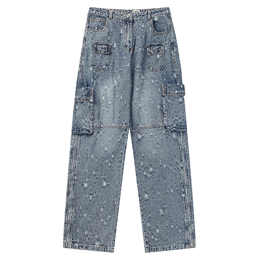 distressed ripped vintage blue baggy jeans men multi pocket cargo jeans casual loose denim pants streetwear harajuku jeans combat utility trousers