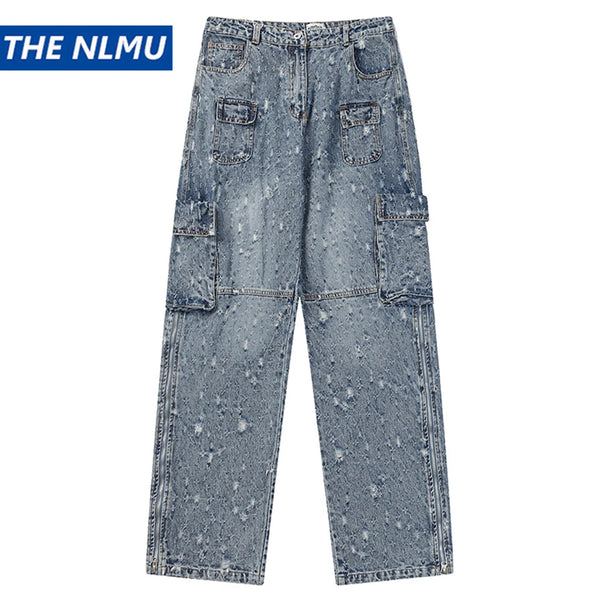 distressed ripped vintage blue baggy jeans men multi pocket cargo jeans casual loose denim pants streetwear harajuku jeans combat utility trousers