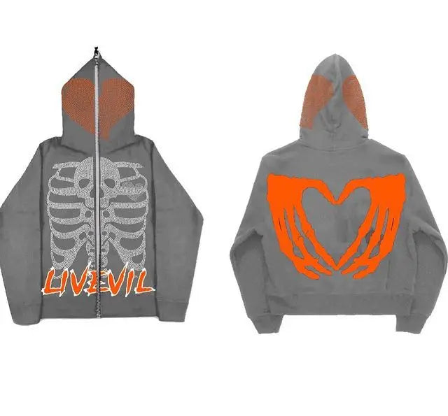 Autumn Winter Zipper Cardigan Skull Heart Shaped Embroidery New Hip Ho