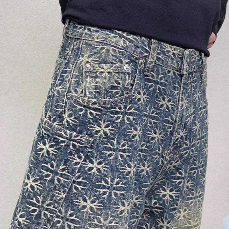 men jacquard loose casual hip hop vibe splice pocket denim baggy jeans pants man streetwear ripped jeans trousers boyfriend unique jeans style 3133