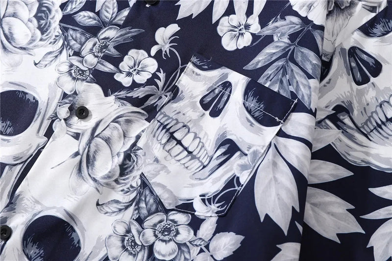 Dark Icon Skeleton Floral Men's Shirt Summer Vintage Shirts for Men Male Top