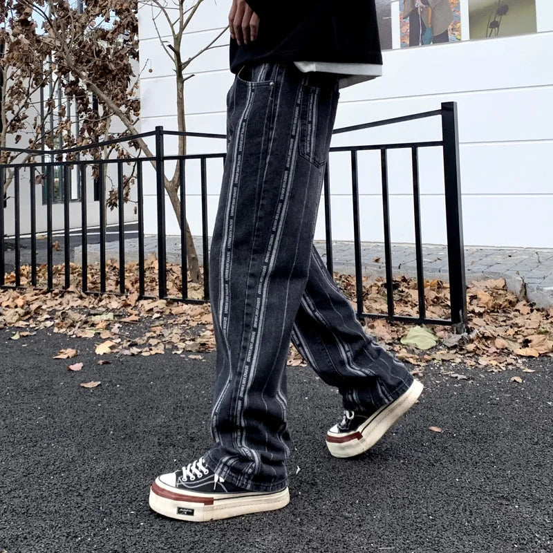 men streetwear brand fashion hip hop loose casual straight stripe motorcycle denim jeans pant cityboy y2k jeans trousers unique jeans style 2528