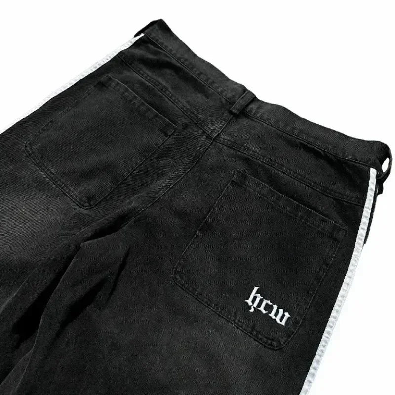 gothic embroidered wide leg denim pants high street streetwear harajuku retro hip hop mens jeans y2k black striped baggy jeans unique jeans style 2602