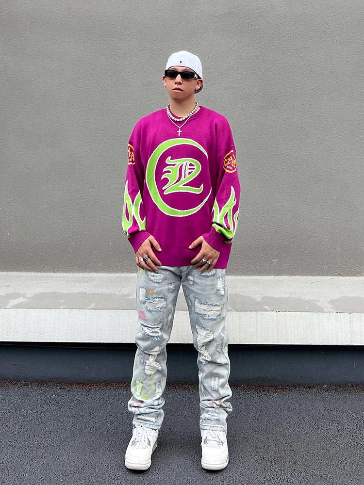hip hop knitted sweater men letter fire pattern o neck pullover streetwear casual loose sweater unisex harajuku jumpers knitwear aesthetic street look hoodie, trendy hip hop style outerwear, Y2K vintage urban hoodie