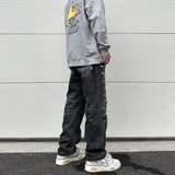 high street black washed straight jeans lowrise hip hop ripped jeans pants for men baggy vintage fashion wide denim pants women stacked flare jeans
