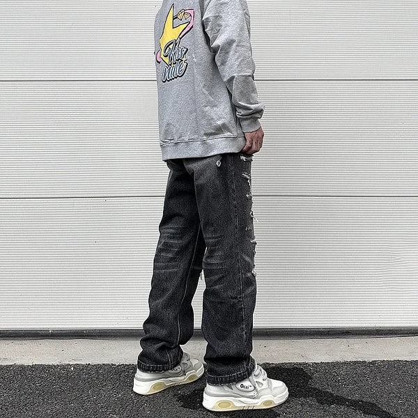 high street black washed straight jeans lowrise hip hop ripped jeans pants for men baggy vintage fashion wide denim pants women stacked flare jeans