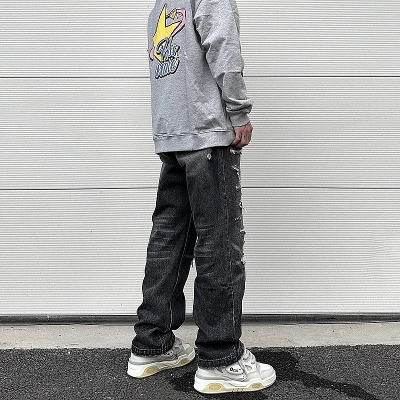 high street black washed straight jeans lowrise hip hop ripped jeans pants for men baggy vintage fashion wide denim pants women stacked flare jeans