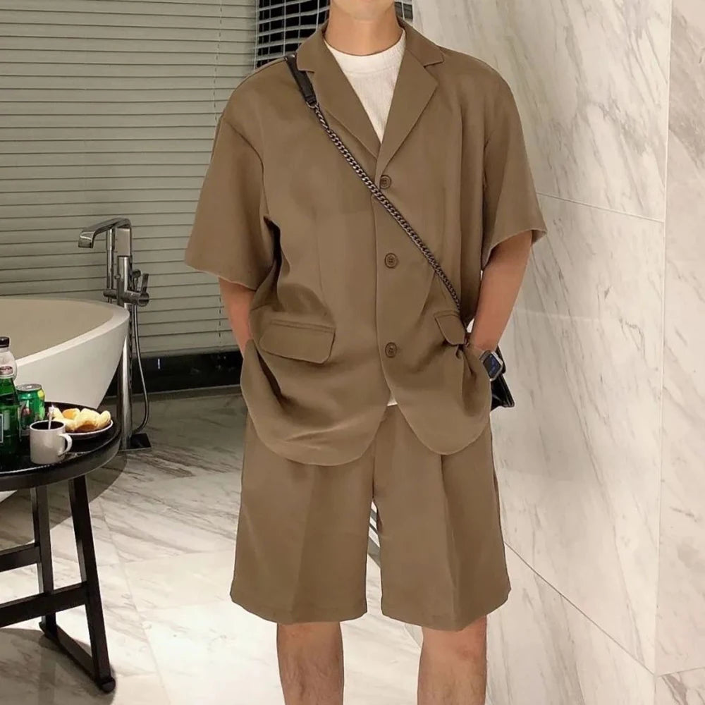 Men  Casual Suit Trendy New Neutral Solid Blazer Collar Shirts LGBT Design Short-sleeved Blouse Shorts Two-piece Set