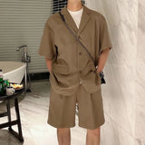 Men  Casual Suit Trendy New Neutral Solid Blazer Collar Shirts LGBT Design Short-sleeved Blouse Shorts Two-piece Set